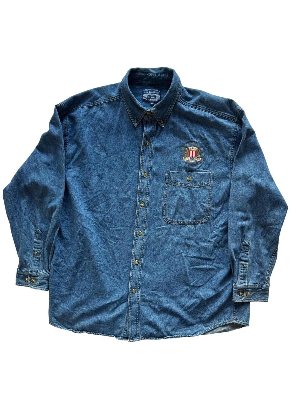Vintage All Sport Denim Button Up Shirt XL Embroidered Patriotic Crest USA Flag